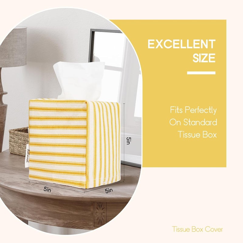 LeCorner Tissue Box Cover, Fabric Tissue Box Holder Square, Stylish Toilet Paper Storage, Modern Bathroom Counter Organizer Decorations Accessories,Ticking Stripe 5''x5''x5'' (Ginger Yellow) - Image 2